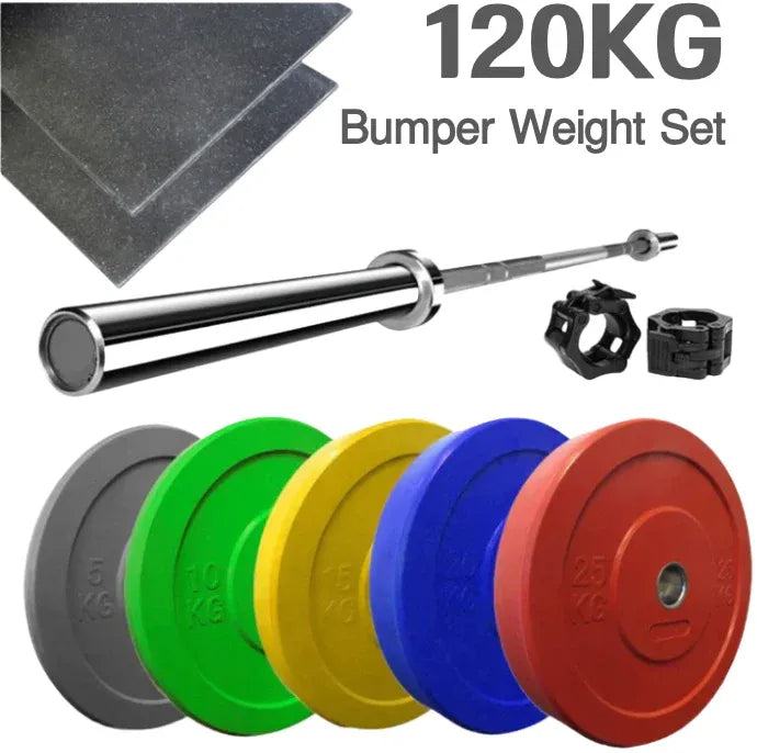 120kg Colour Olympic Bumper Plate & 7ft Barbell Set with Lockjaw Collars & Mats