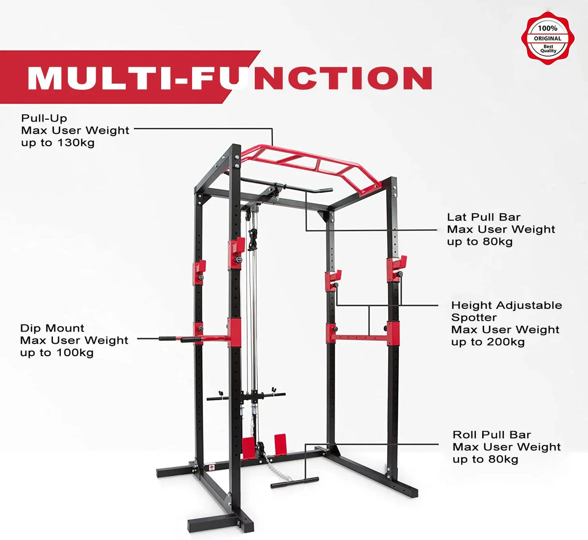 Power Cage Multifunction Rack with Lat Pulldown, Low Row, Pull-Up Bar & J-Hooks