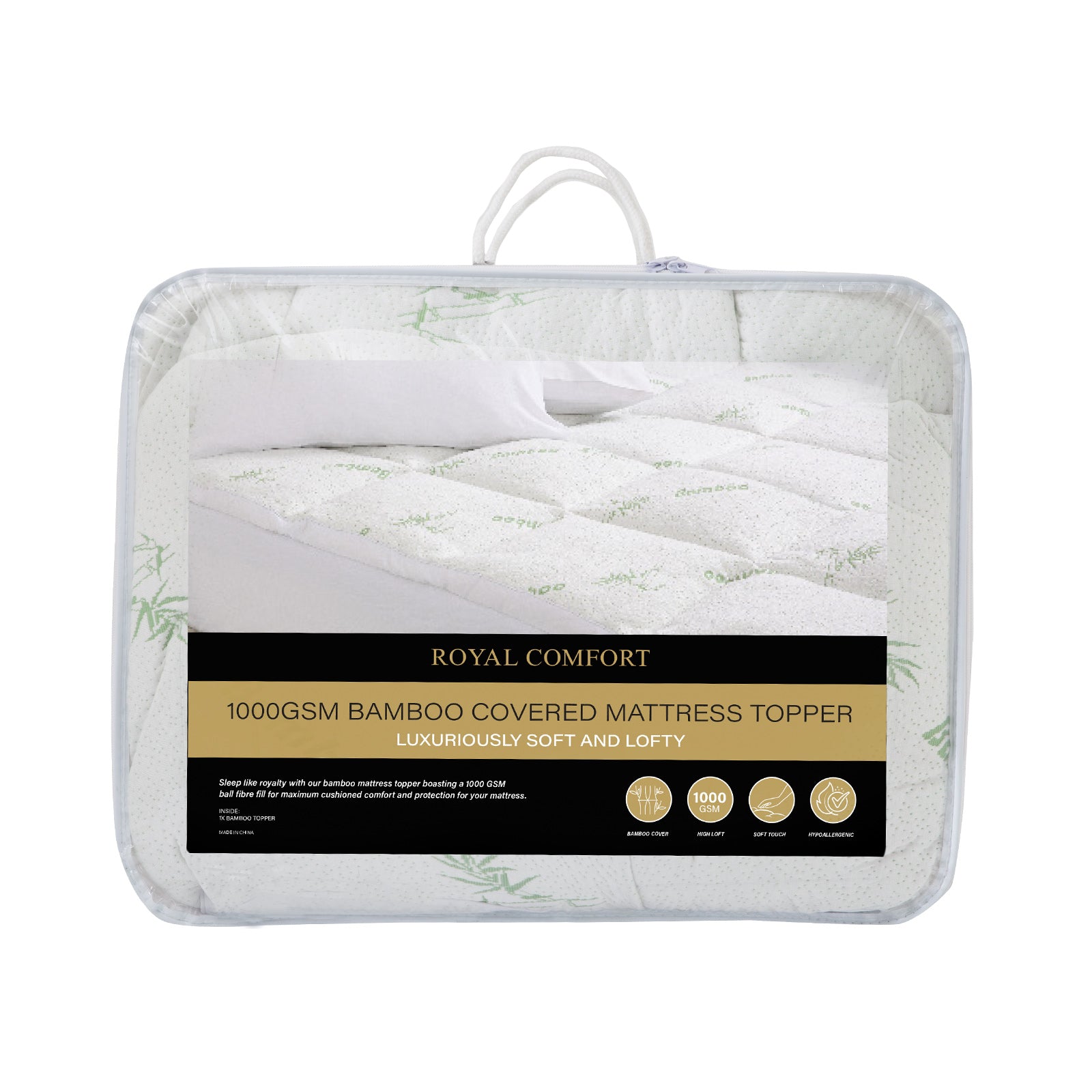 1000GSM Luxury Bamboo Covered Mattress Topper Ball Fibre Gusset - Single - White