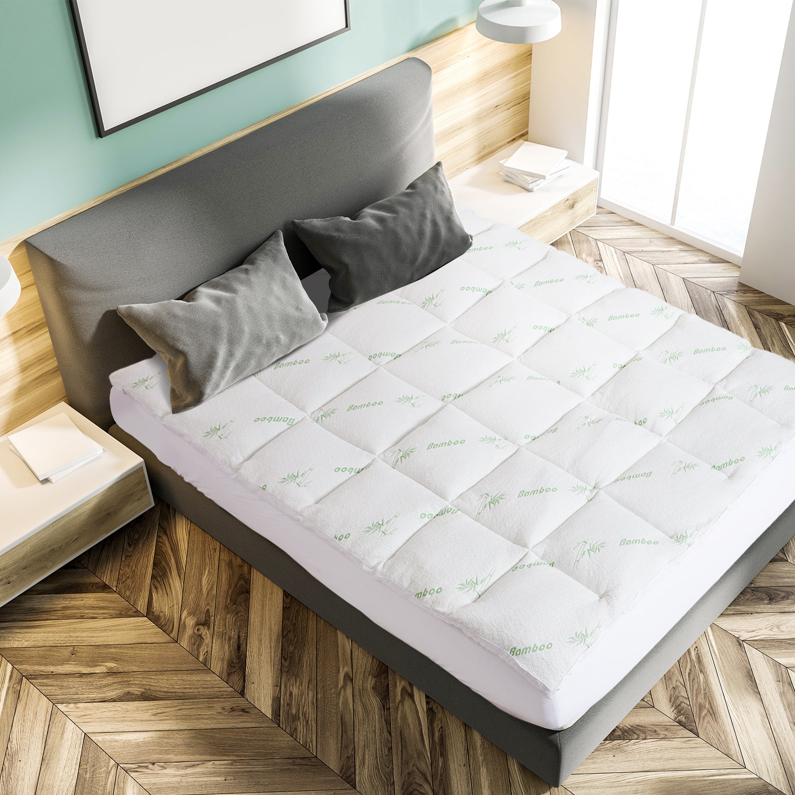 1000GSM Luxury Bamboo Covered Mattress Topper Ball Fibre Gusset - Queen - White