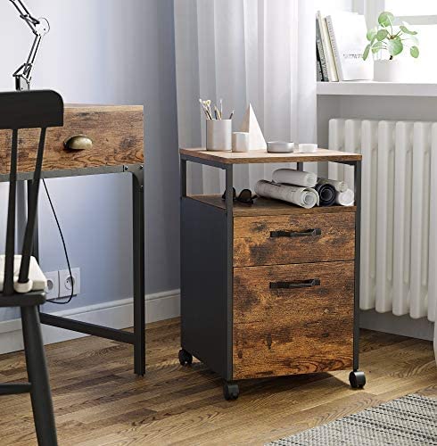 File Cabinet with 2 Drawers, Wheels and Open Compartment Rustic Brown and Black