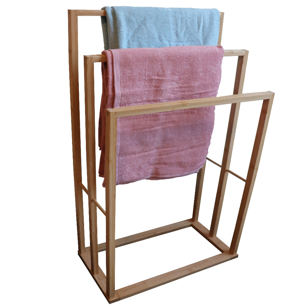 Wooden towel rack with two towels, one blue and one pink, on a white background