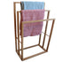 Wooden towel rack with two towels, one blue and one pink, on a white background