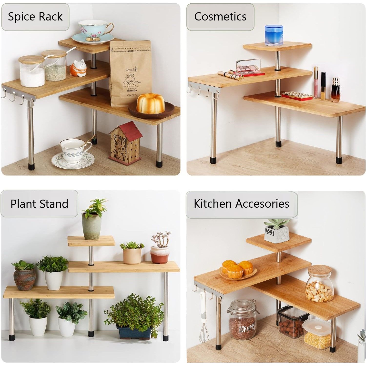 3 Tier Corner Shelf Kitchen Spice Rack Organiser with Hooks for Home Storage & Organisation