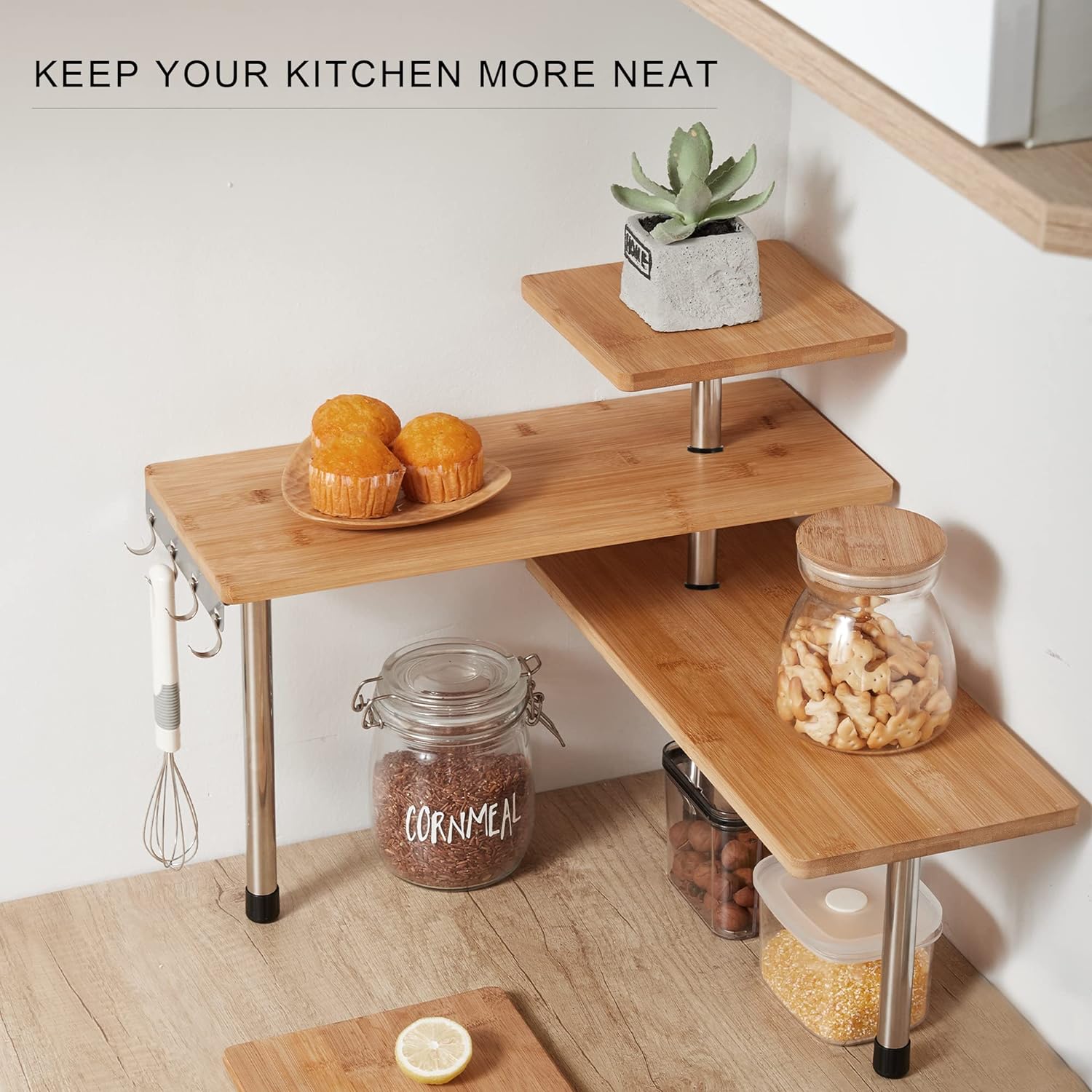 3 Tier Corner Shelf Kitchen Spice Rack Organiser with Hooks for Home Storage & Organisation