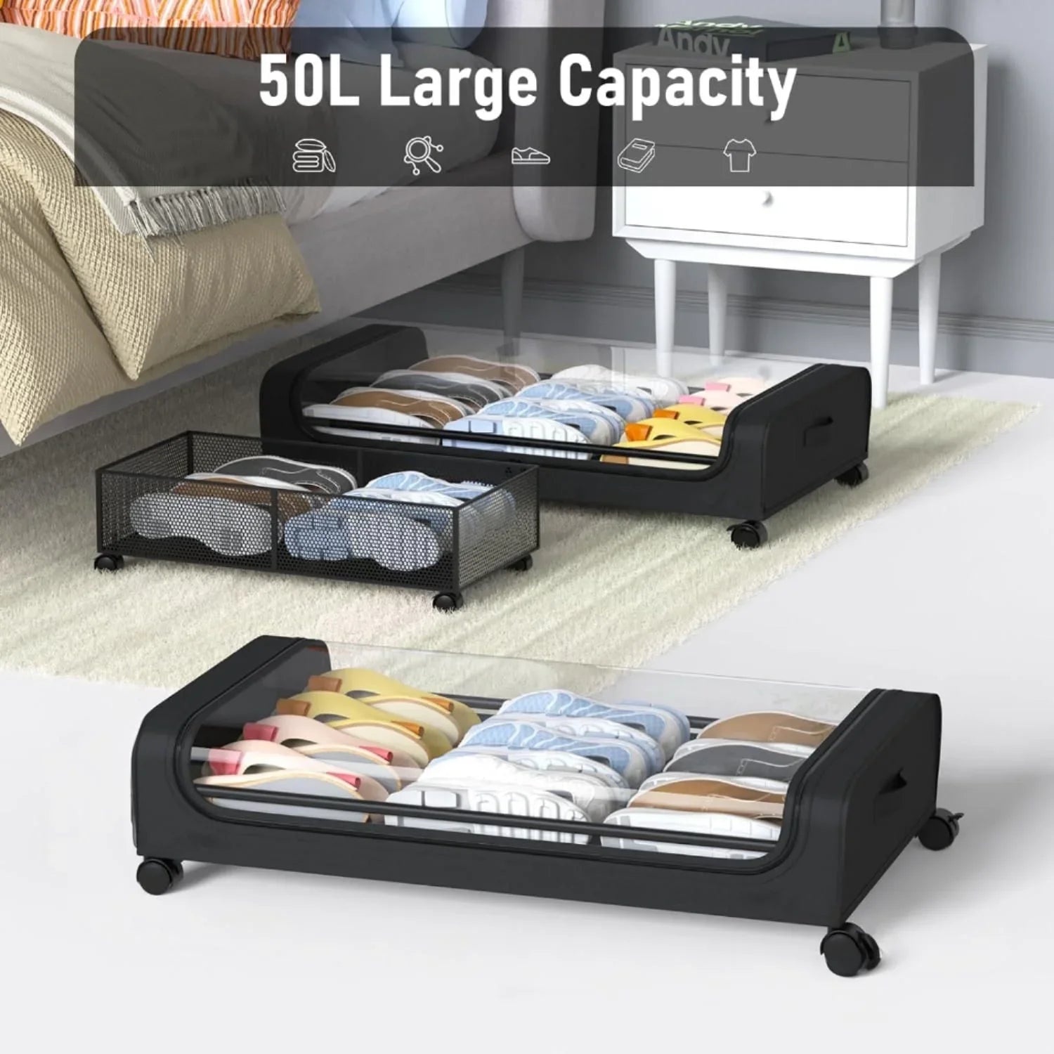 Set 2 Pcs XXL Under Bed Rolling Storage Containers with 50L Large Capacity and Wheels