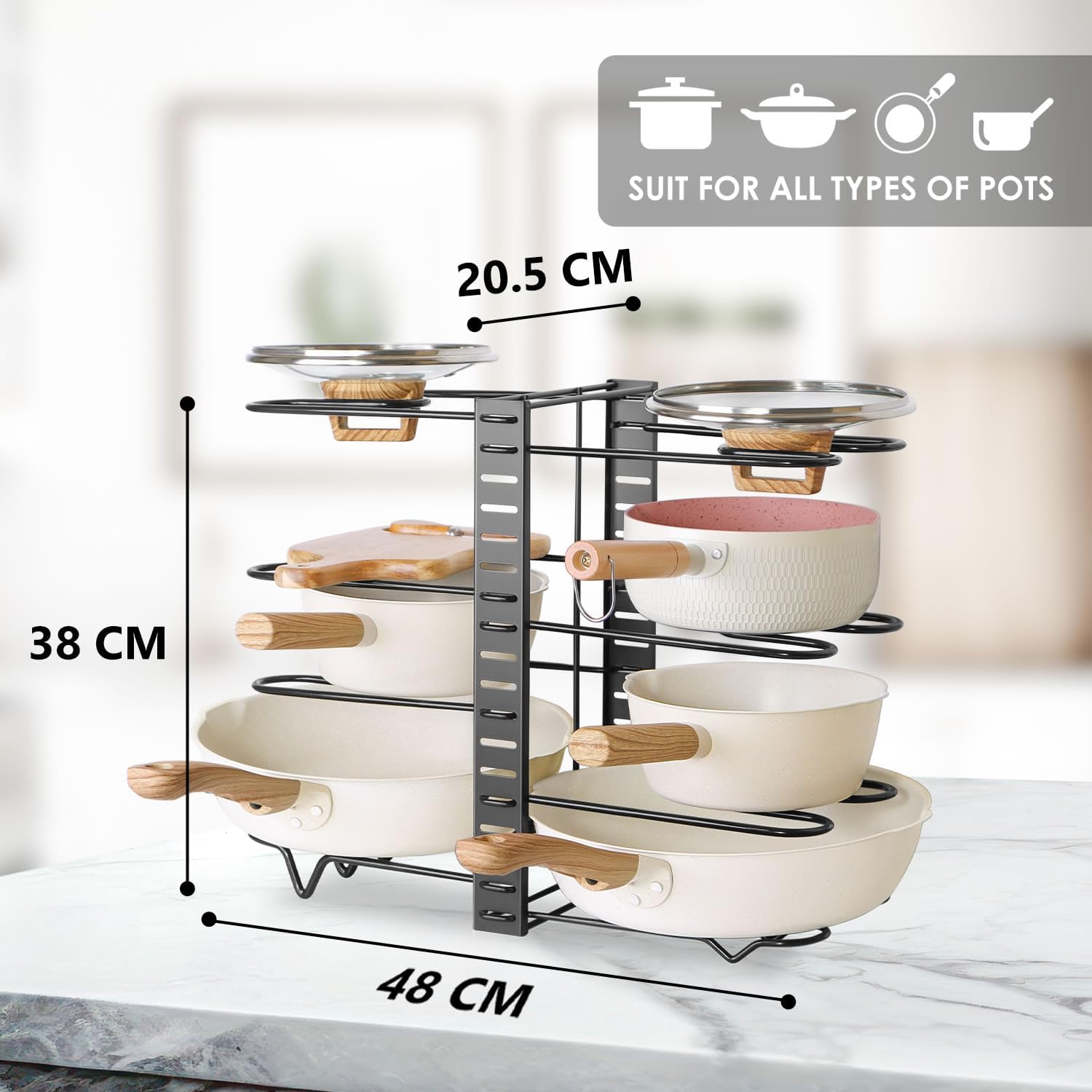 Adjustable 8-Tier Pan Rack Pot Organizer for Kitchen Cabinet