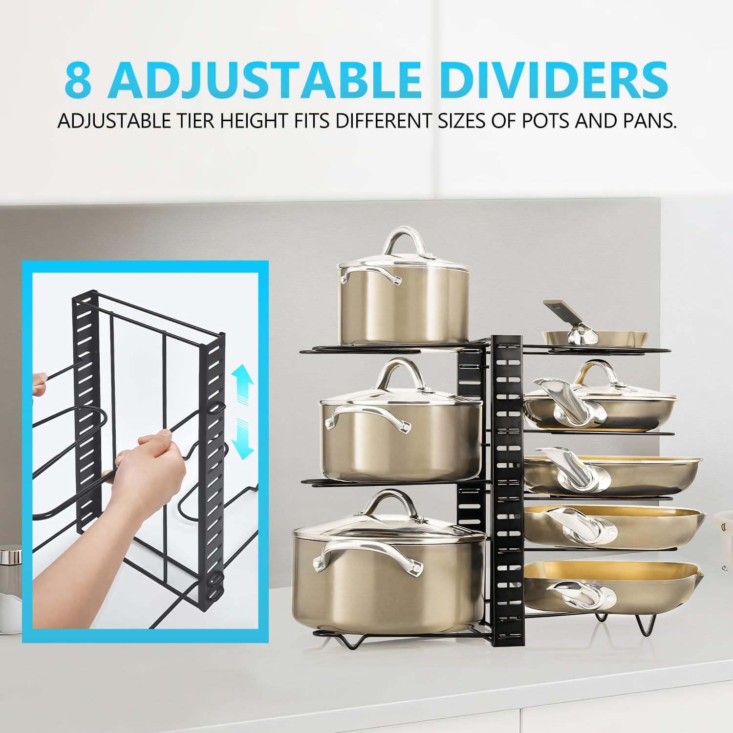 Adjustable 8-Tier Pan Rack Pot Organizer for Kitchen Cabinet