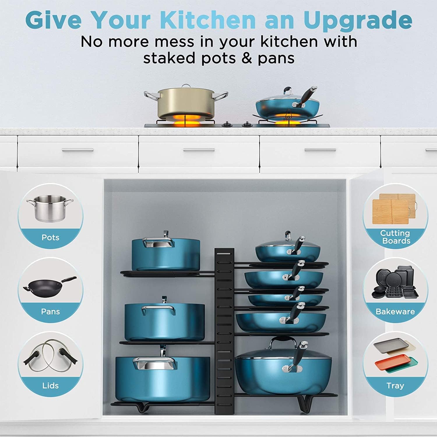 Adjustable 8-Tier Pan Rack Pot Organizer for Kitchen Cabinet
