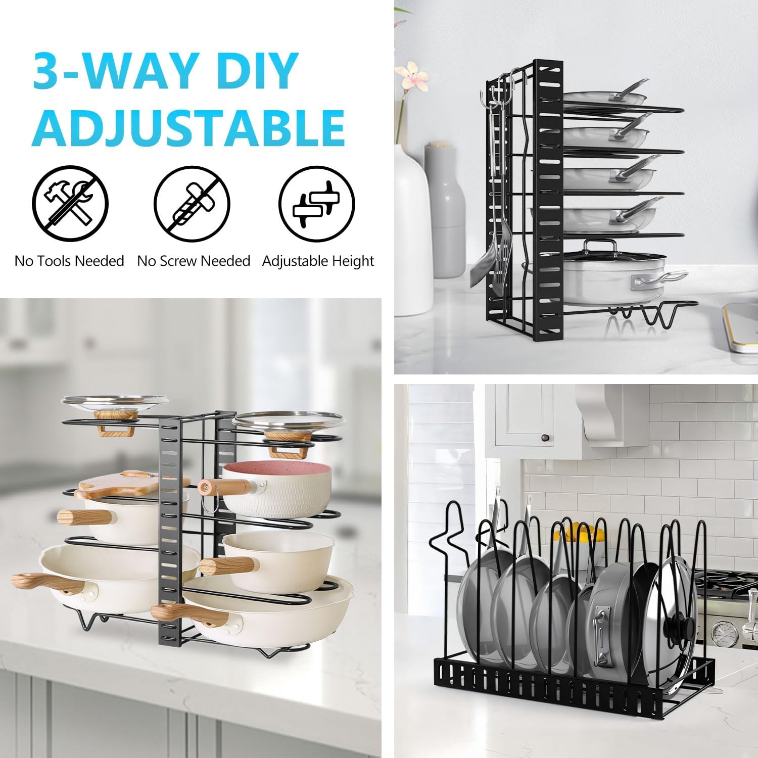 Adjustable 8-Tier Pan Rack Pot Organizer for Kitchen Cabinet