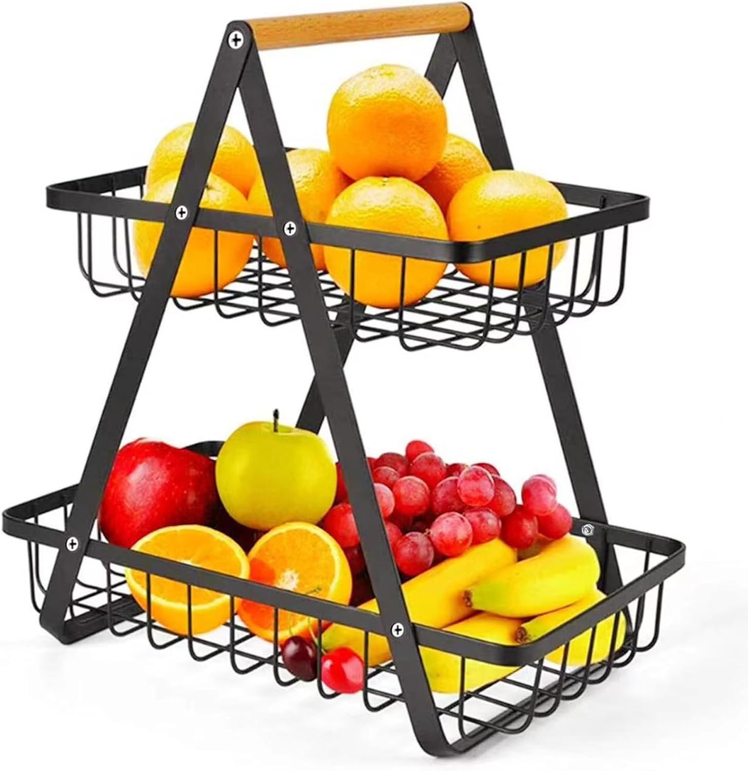2-Tier Fruit Basket Stand for Kitchen Countertop for Fruits, Vegetables, Bread & Snacks with Wooden Handle