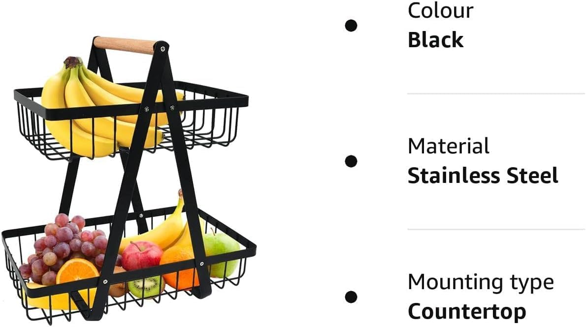 2-Tier Fruit Basket Stand for Kitchen Countertop for Fruits, Vegetables, Bread & Snacks with Wooden Handle