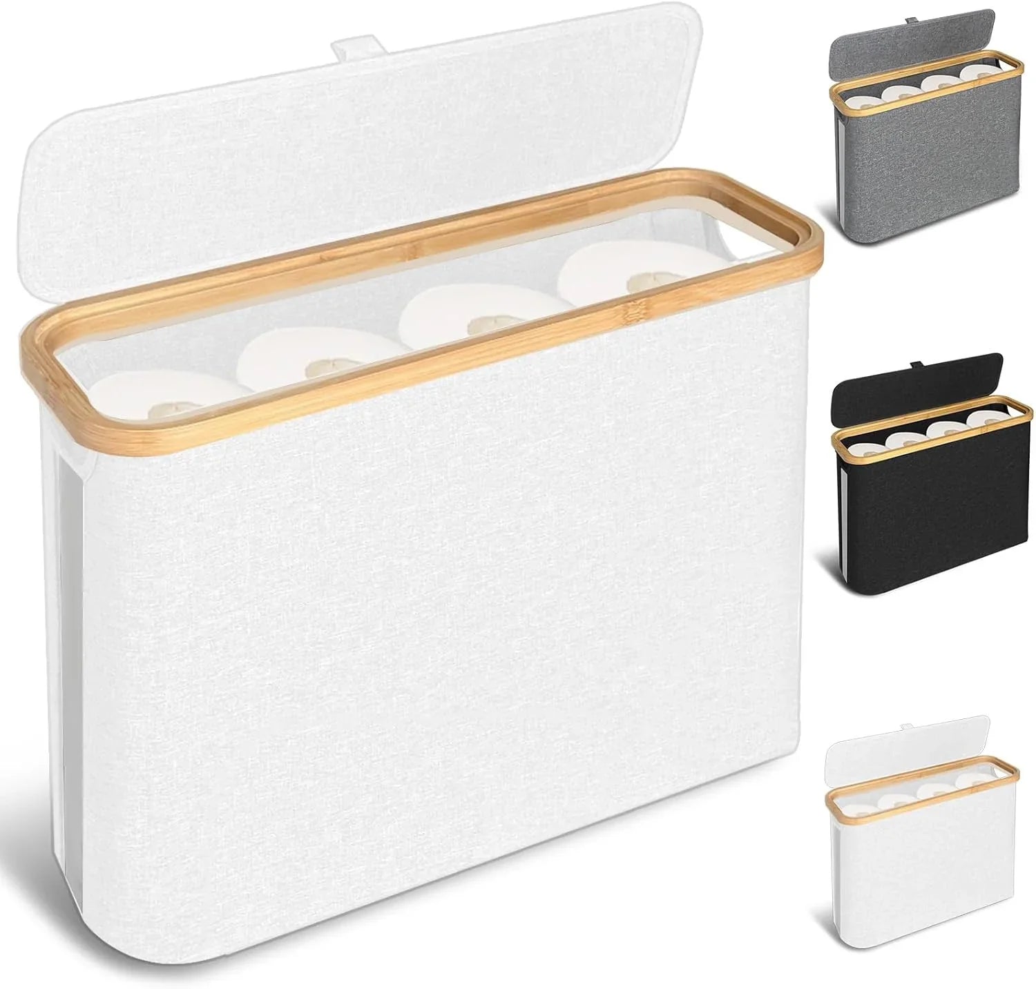 Toilet Paper Storage Basket Holds Up to 12 Rolls with Bamboo Lid and Handle for RV Closet (White)