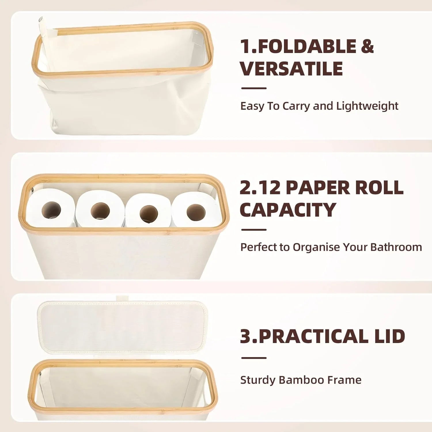 Toilet Paper Storage Basket Holds Up to 12 Rolls with Bamboo Lid and Handle for RV Closet (Black)