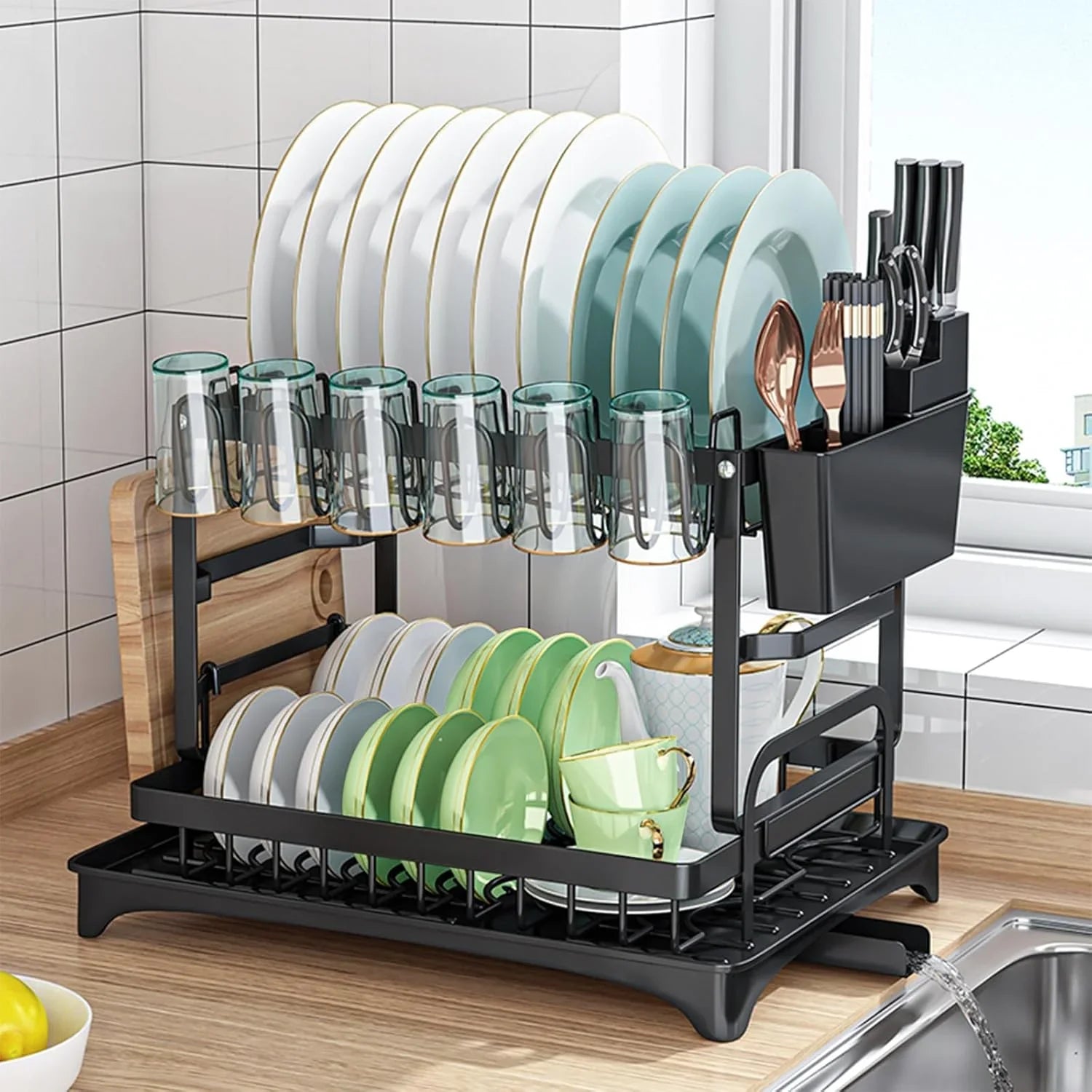 2-Tier Dish Drying Rack with Drainage Tray, Utensil Holder, Cup Hooks & Cutting Board Slot for Countertop Kitchen Storage (Black)