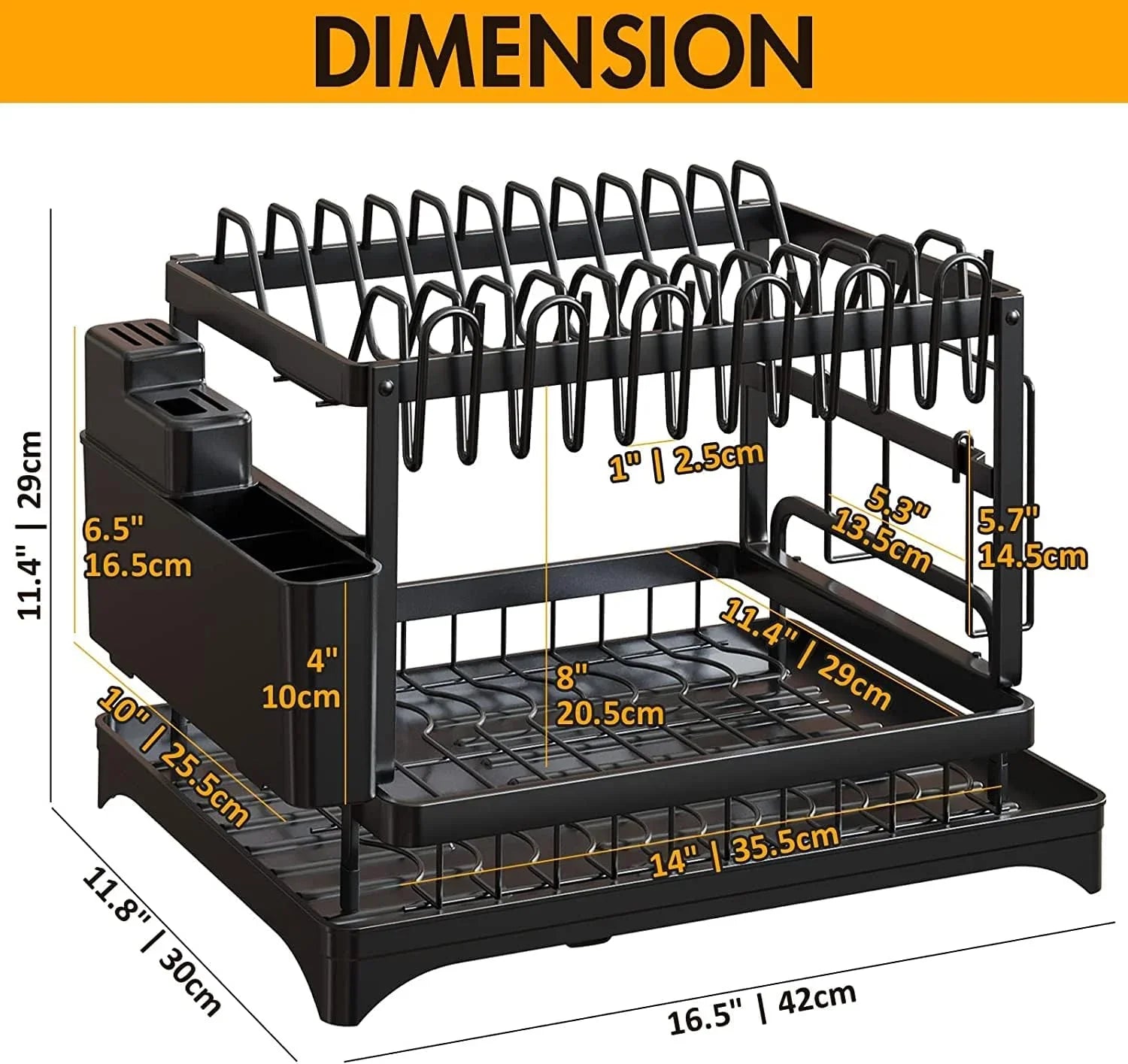 2-Tier Dish Drying Rack with Drainage Tray, Utensil Holder, Cup Hooks & Cutting Board Slot for Countertop Kitchen Storage (Black)