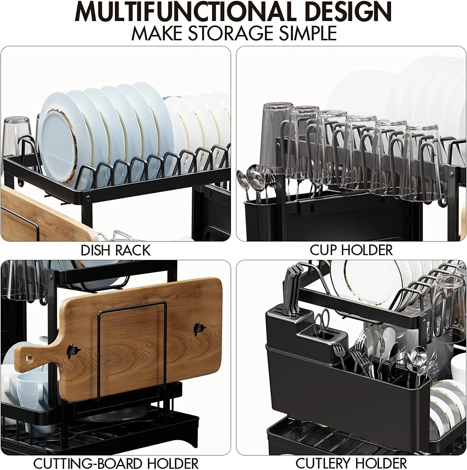 2-Tier Dish Drying Rack with Drainage Tray, Utensil Holder, Cup Hooks & Cutting Board Slot for Countertop Kitchen Storage (Black)
