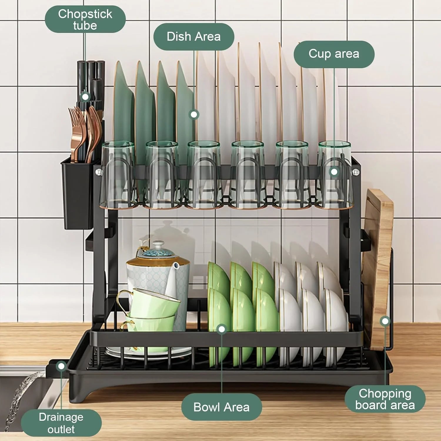 2-Tier Dish Drying Rack with Drainage Tray, Utensil Holder, Cup Hooks & Cutting Board Slot for Countertop Kitchen Storage (Black)
