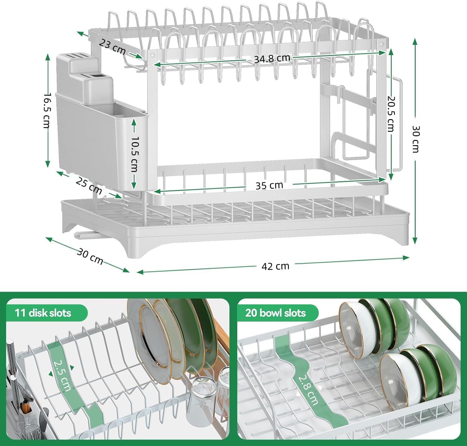 CARLA HOME 2-Tier Dish Drying Rack with Drainage Tray, Utensil Holder, Cup Hooks & Cutting Board Slot for Countertop Kitchen Storage (White)