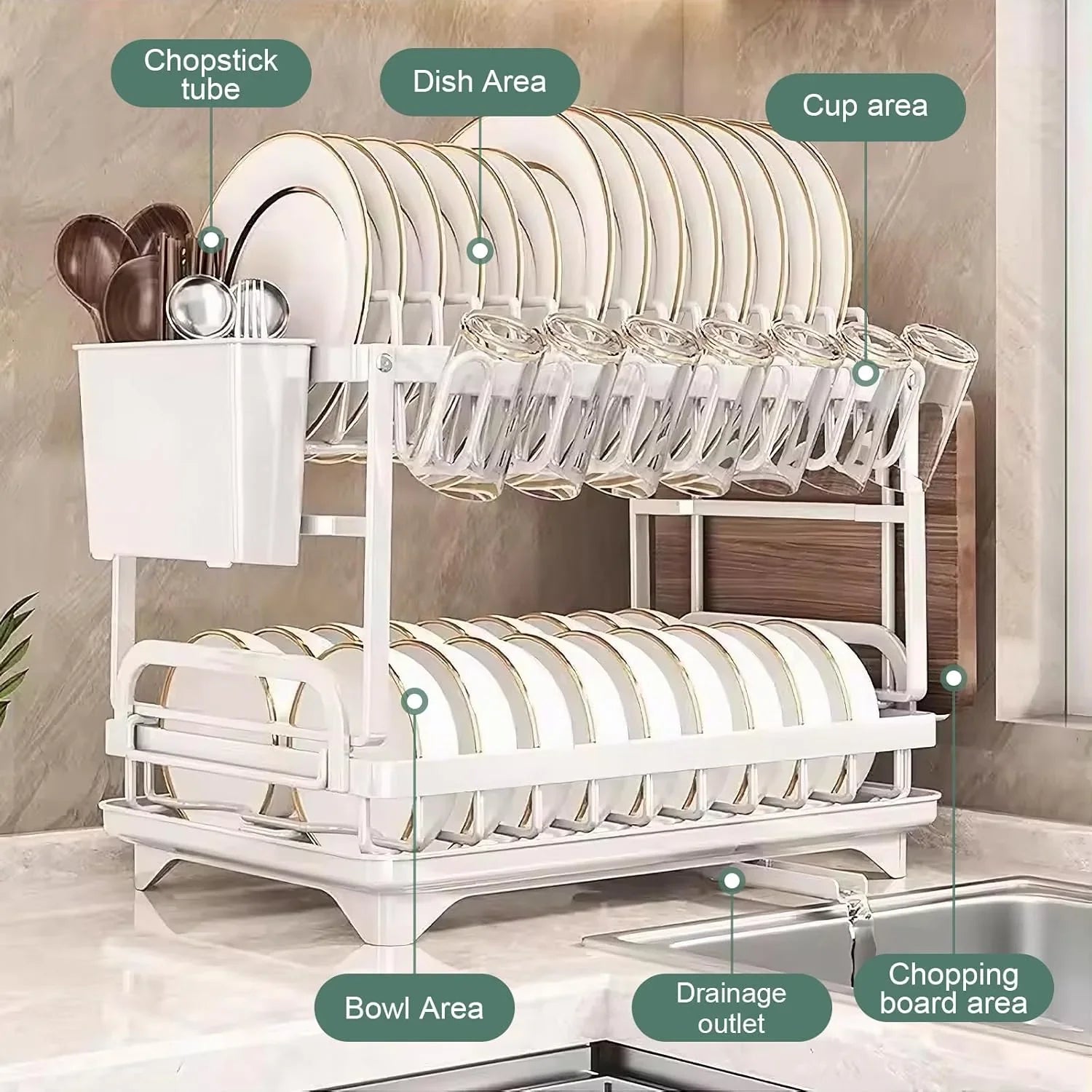 2-Tier Dish Drying Rack with Drainage Tray, Utensil Holder, Cup Hooks & Cutting Board Slot for Countertop Kitchen Storage (White)