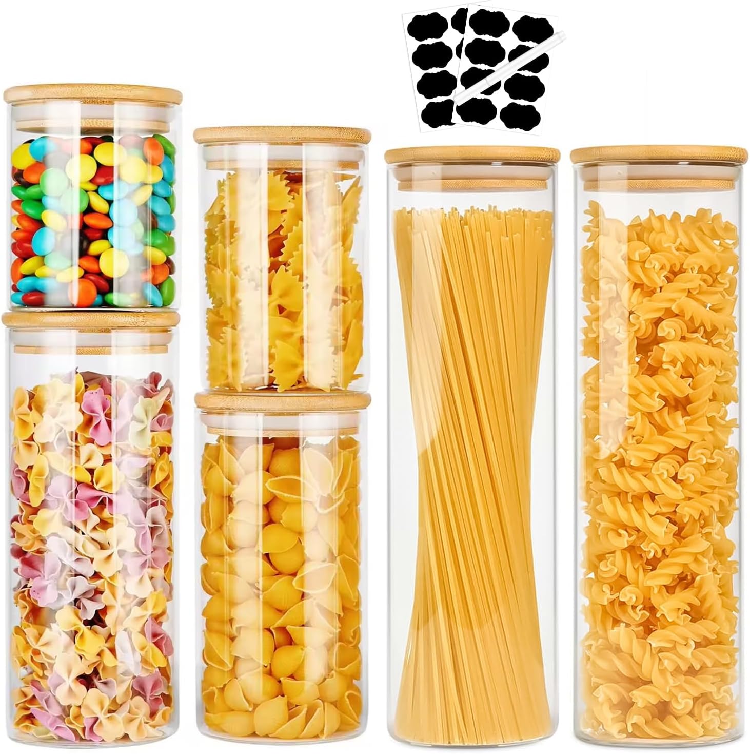 6 Pack Glass Storage Jars with Bamboo Lids for Kitchen Pantry, Pasta, Snacks, Cookies, Candy & More