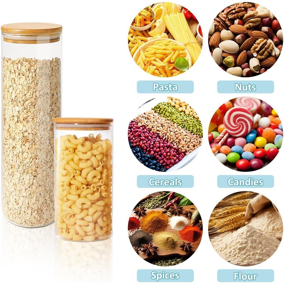 6 Pack Glass Storage Jars with Bamboo Lids for Kitchen Pantry, Pasta, Snacks, Cookies, Candy & More