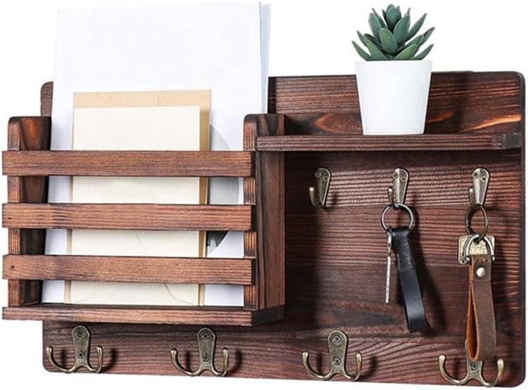 Rustic Wood Wall Mounted Key and Mail Holder Organizer with Shelf, Letter Slot & 6 Hooks for Entryway Decor Home