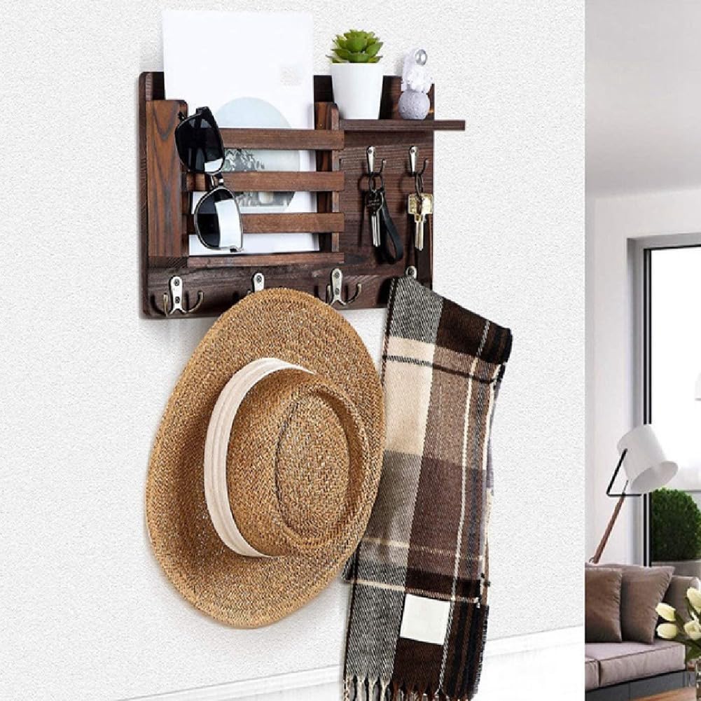 Rustic Wood Wall Mounted Key and Mail Holder Organizer with Shelf, Letter Slot & 6 Hooks for Entryway Decor Home