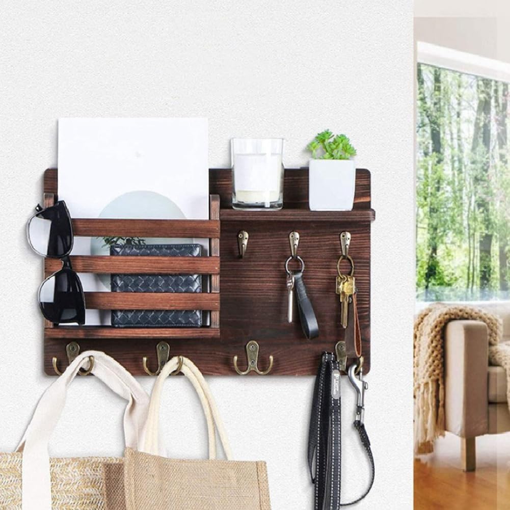 Rustic Wood Wall Mounted Key and Mail Holder Organizer with Shelf, Letter Slot & 6 Hooks for Entryway Decor Home