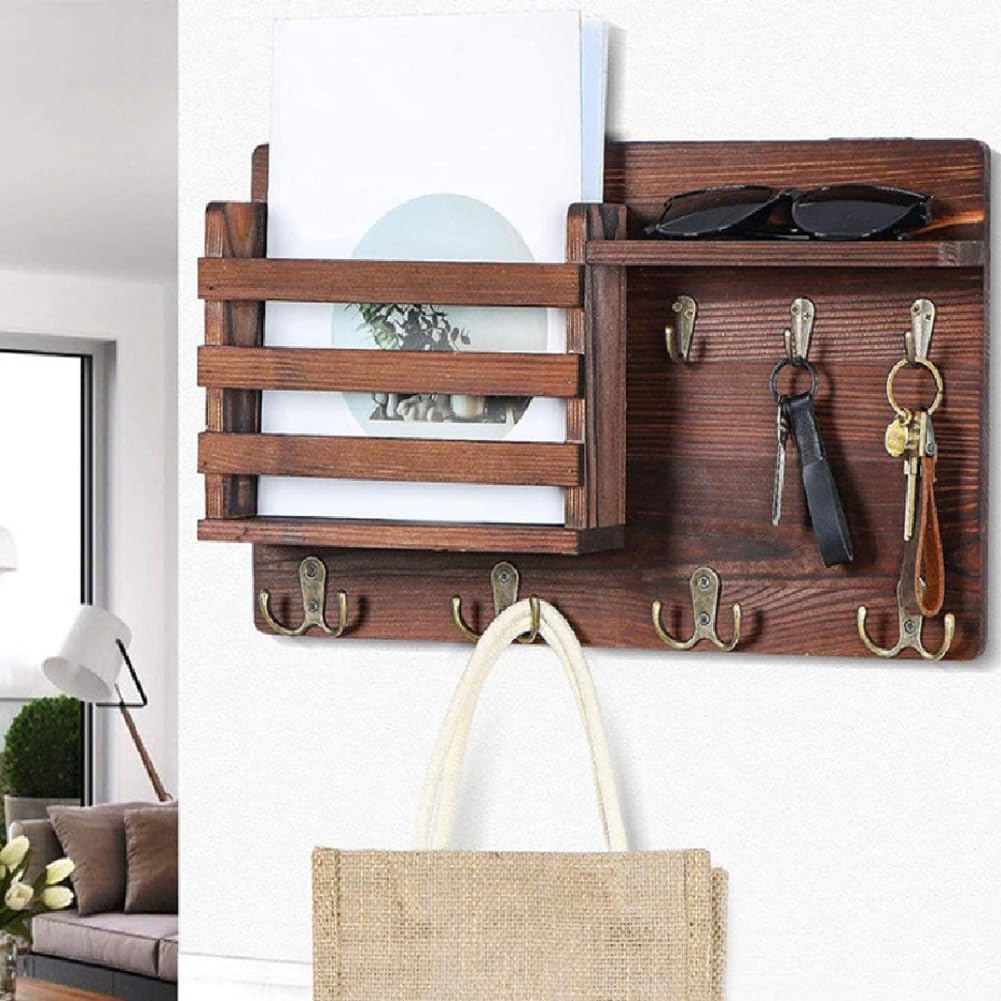 Rustic Wood Wall Mounted Key and Mail Holder Organizer with Shelf, Letter Slot & 6 Hooks for Entryway Decor Home