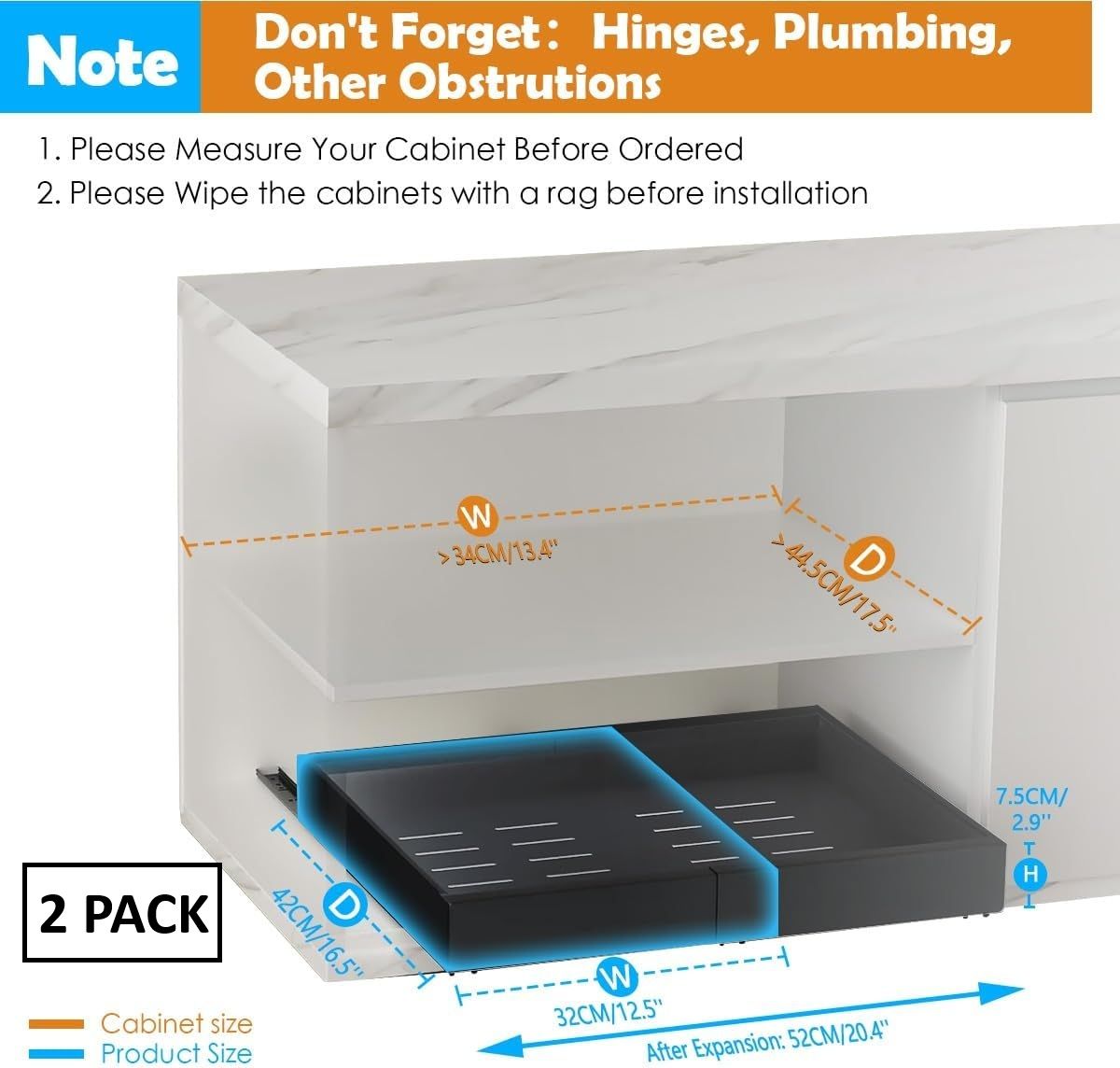 CARLA HOME 2 Pack Pull Out Cabinet Organizer Expandable for Cabinets with Adjustable Slide Out Shelves and Easy Installation (Black)