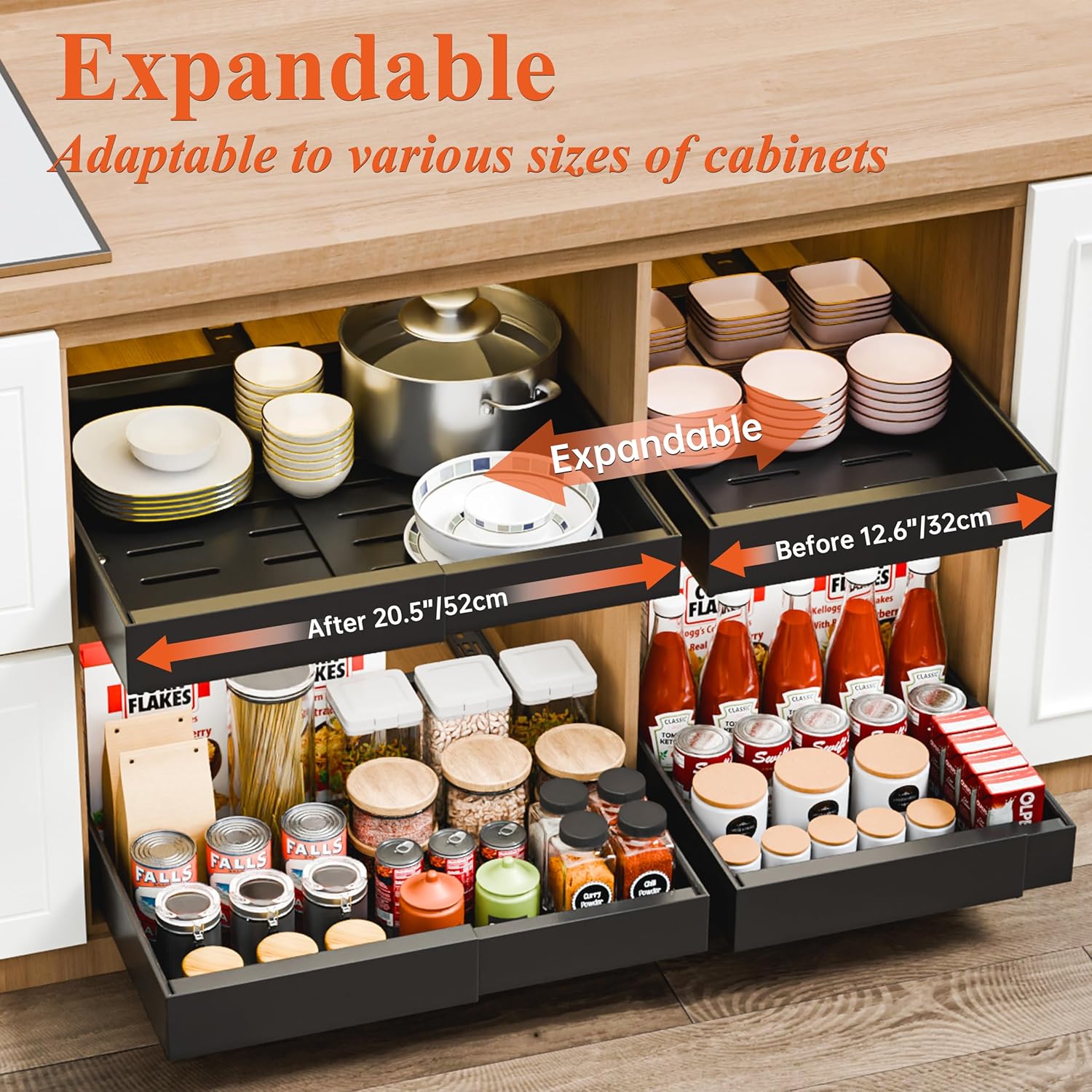 CARLA HOME 2 Pack Pull Out Cabinet Organizer Expandable for Cabinets with Adjustable Slide Out Shelves and Easy Installation (Black)