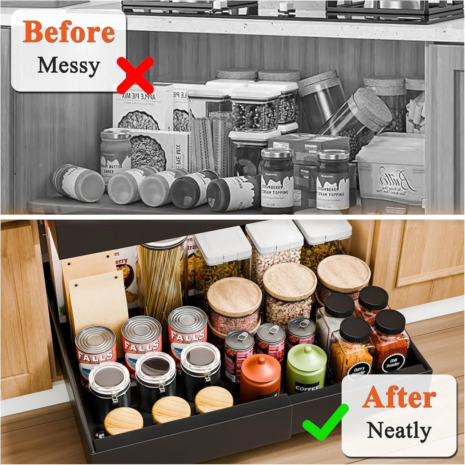 2 Pack Pull Out Cabinet Organizer Expandable for Cabinets with Adjustable Slide Out Shelves and Easy Installation (Black)