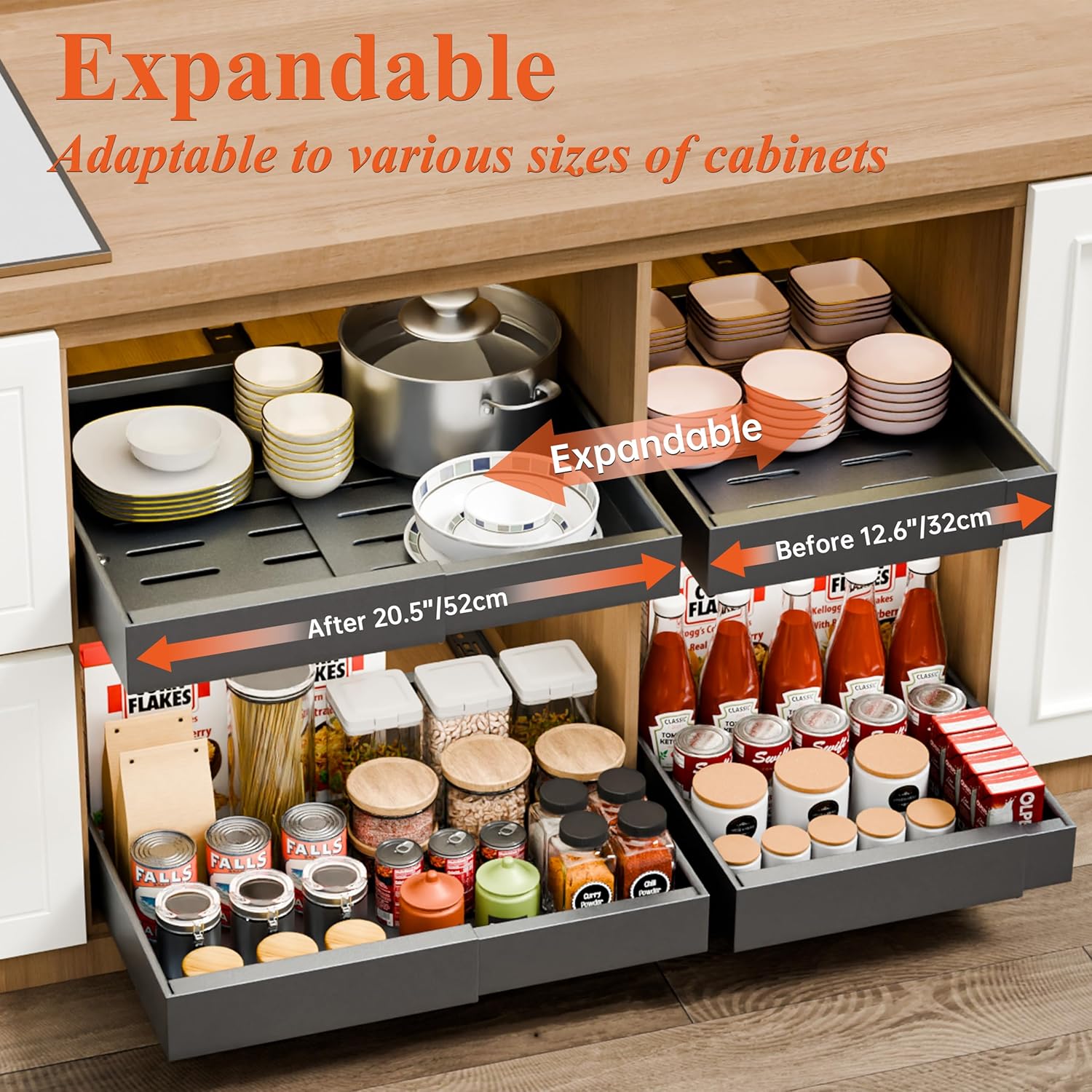 CARLA HOME 2 Pack Pull Out Cabinet Organizer Expandable for Cabinets with Adjustable Slide Out Shelves and Easy Installation (Grey)