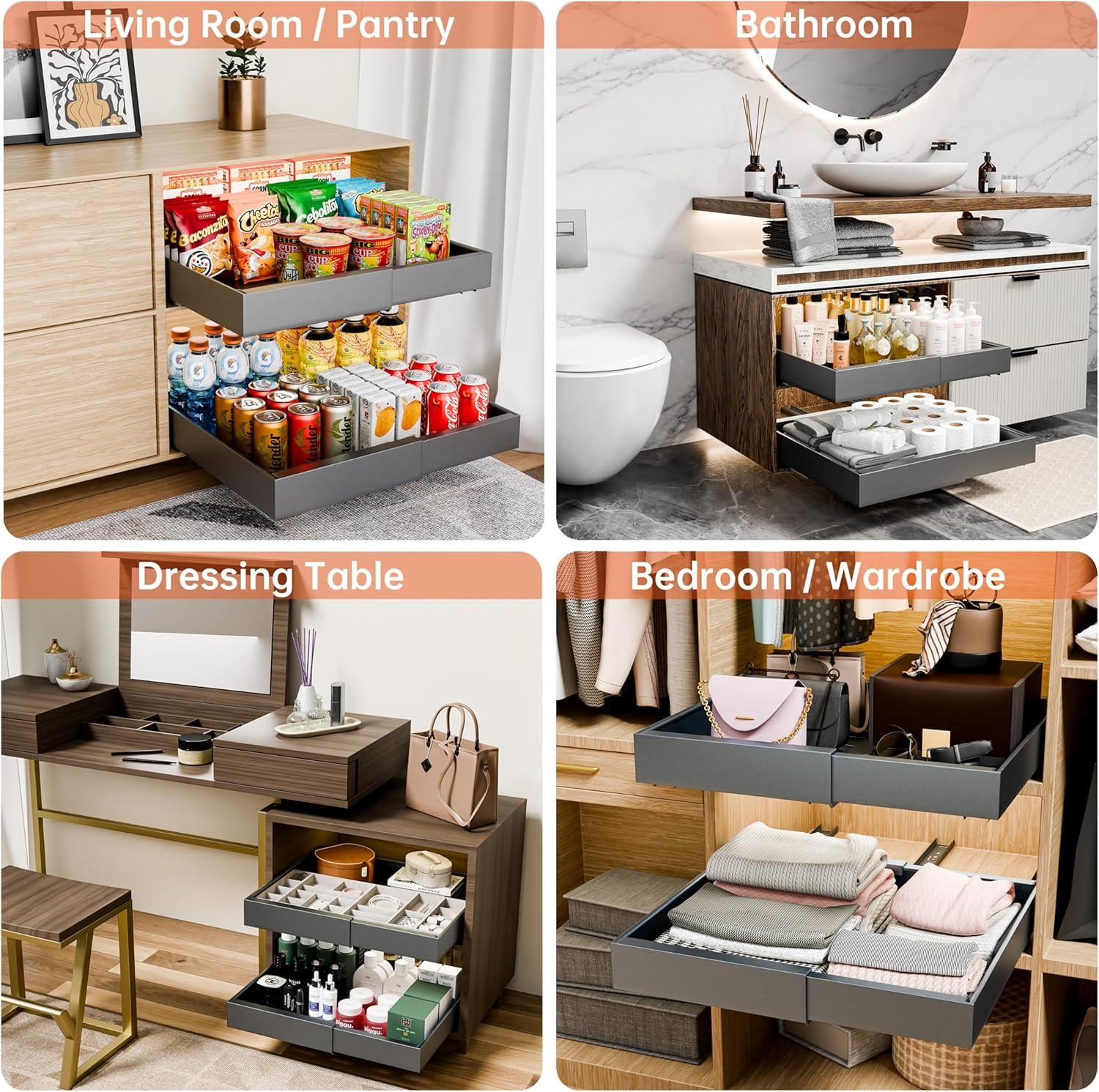 2 Pack Pull Out Cabinet Organizer Expandable for Cabinets with Adjustable Slide Out Shelves and Easy Installation (Grey)