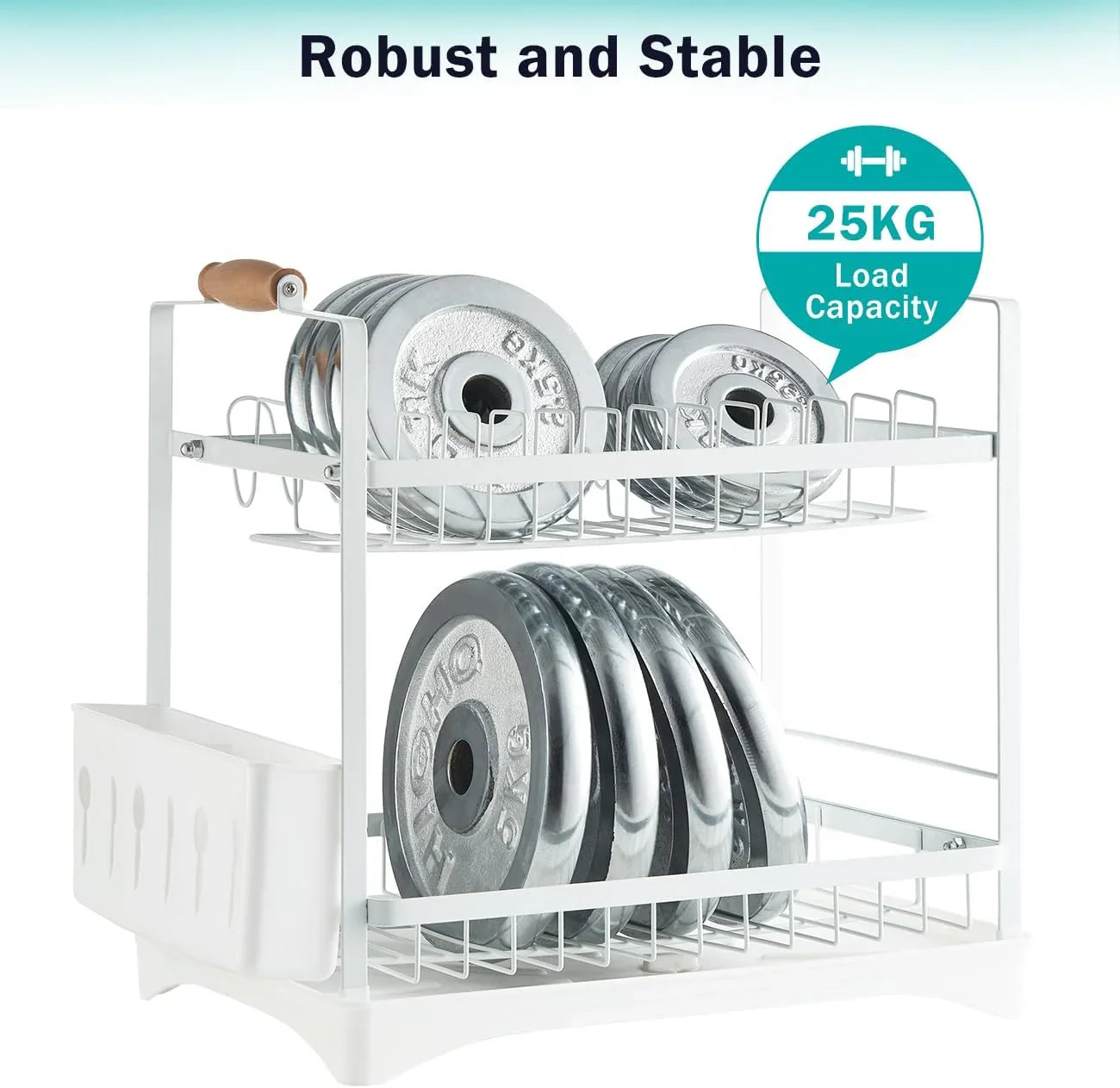2-Tier Large Dish Drying Rack with Drainboard, Utensil Holder, Glass Hooks & Cutlery Storage (White)