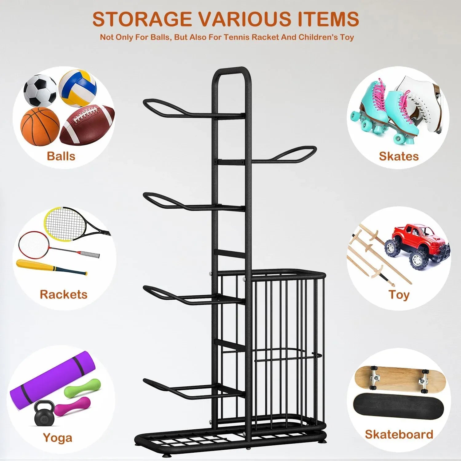 CARLA HOME 7 Tier Ball Storage Rack - Sports Organiser - Black - Basketball Storage Rack
