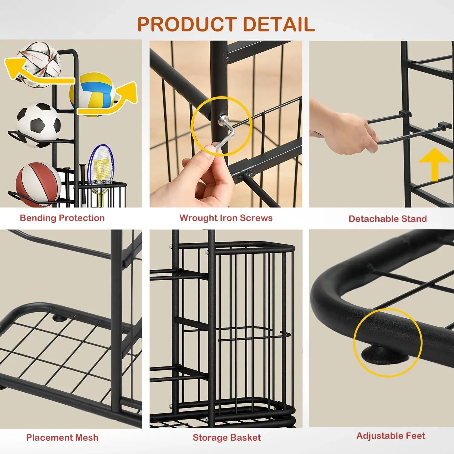 CARLA HOME 7 Tier Ball Storage Rack - Sports Organiser - Black - Basketball Storage Rack