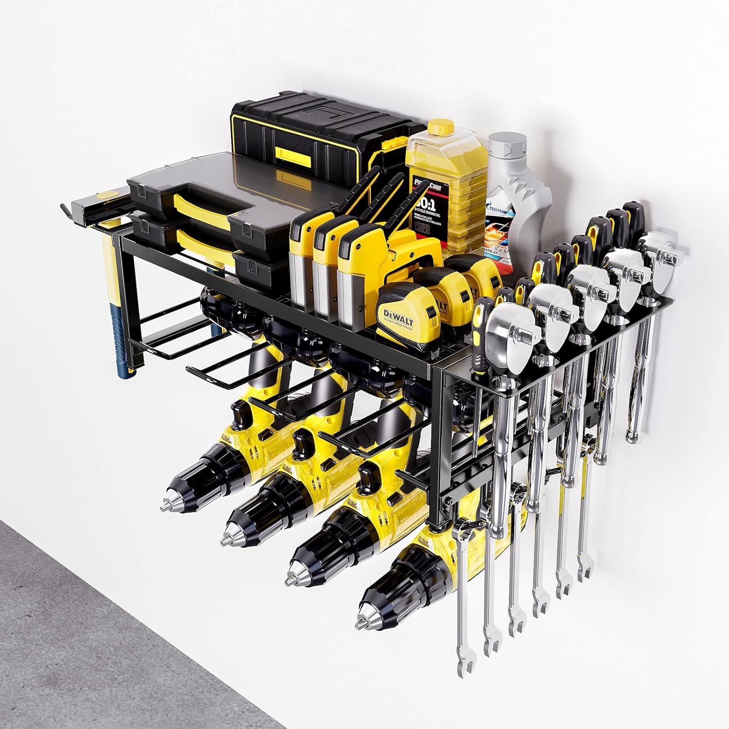 2-Tier Power Tool Rack Organizer Wall Mount with Drill Holder & Wrench Hooks for Cordless Tools & Workshop Organization