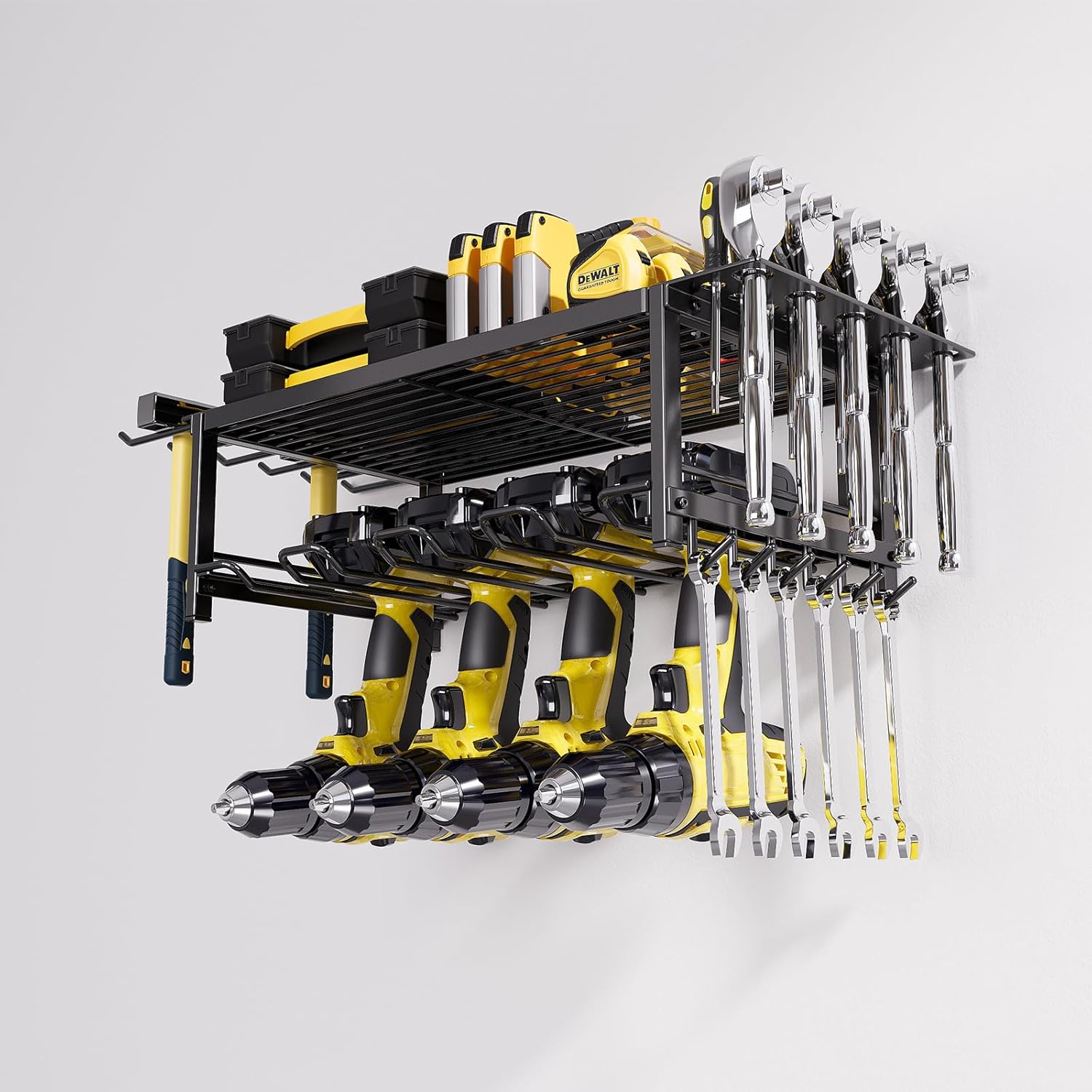 2-Tier Power Tool Rack Organizer Wall Mount with Drill Holder & Wrench Hooks for Cordless Tools & Workshop Organization