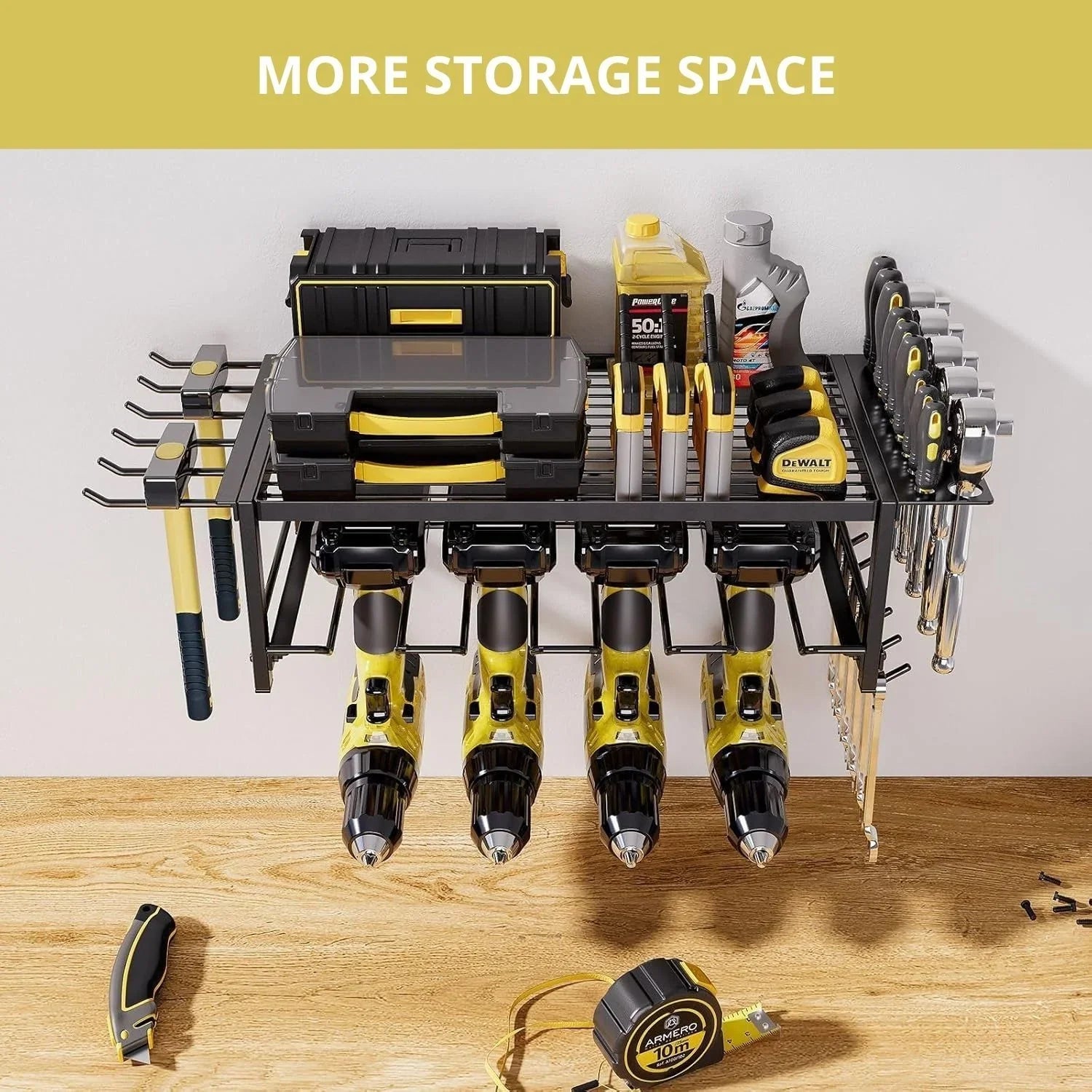 2-Tier Power Tool Rack Organizer Wall Mount with Drill Holder & Wrench Hooks for Cordless Tools & Workshop Organization