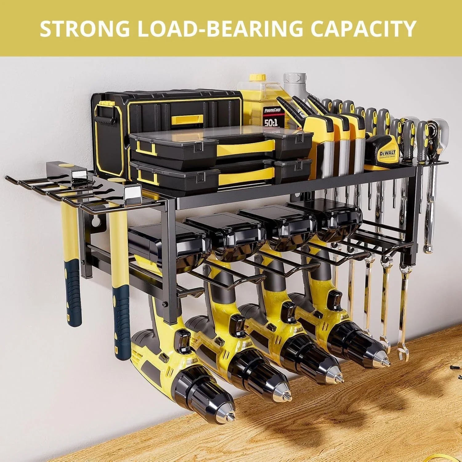 2-Tier Power Tool Rack Organizer Wall Mount with Drill Holder & Wrench Hooks for Cordless Tools & Workshop Organization