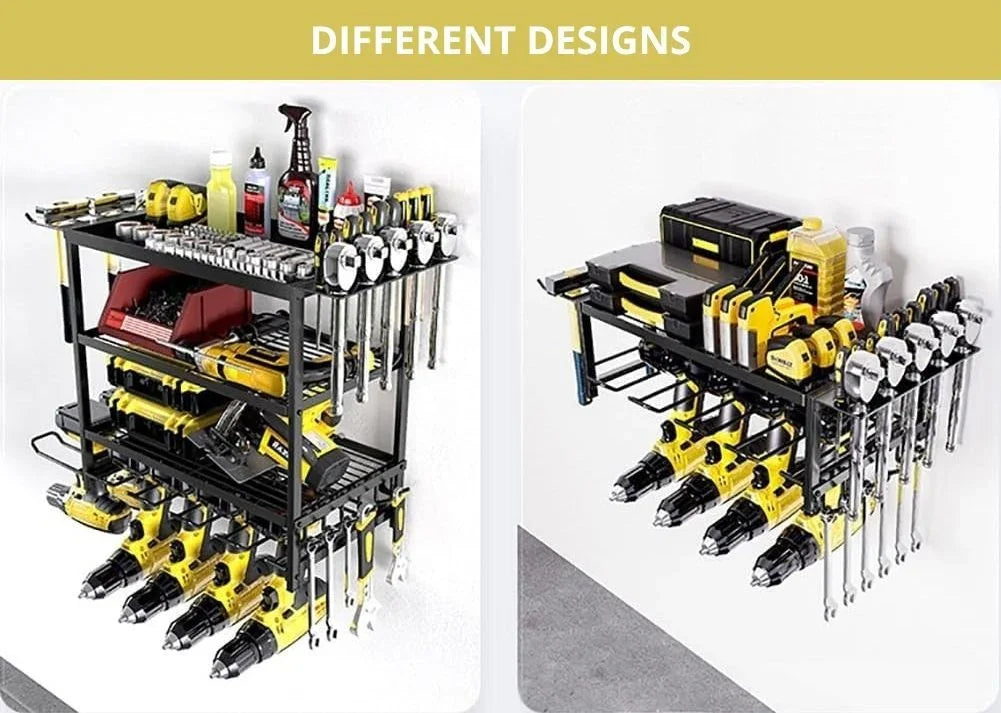 2-Tier Power Tool Rack Organizer Wall Mount with Drill Holder & Wrench Hooks for Cordless Tools & Workshop Organization