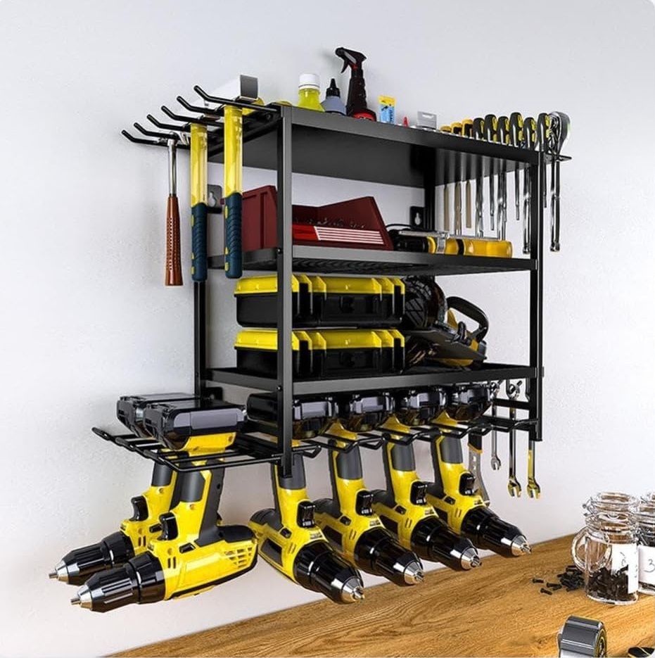 4-Tier Power Tool Rack Organizer Wall Mount with Drill Holder & Wrench Hooks for Cordless Tools & Workshop Organization