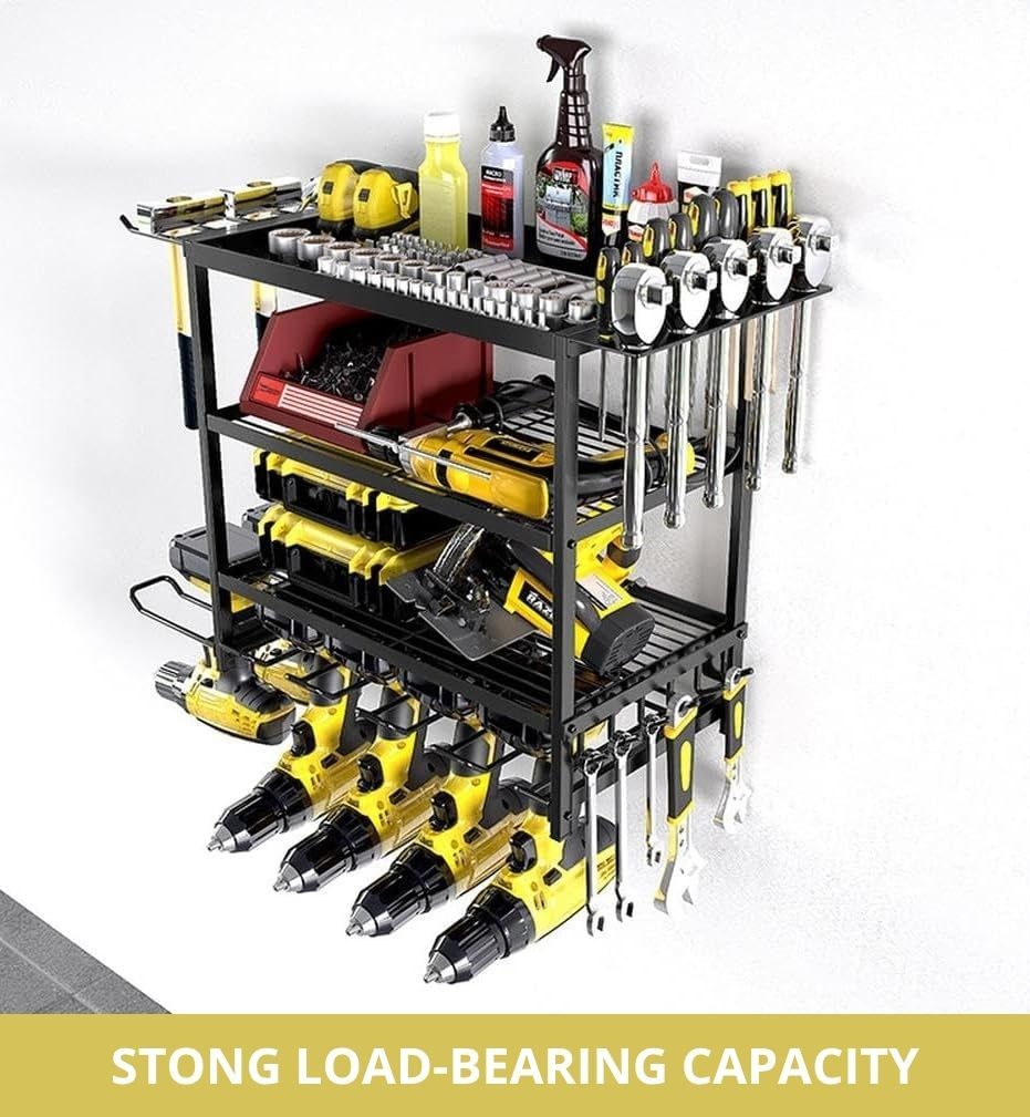 4-Tier Power Tool Rack Organizer Wall Mount with Drill Holder & Wrench Hooks for Cordless Tools & Workshop Organization