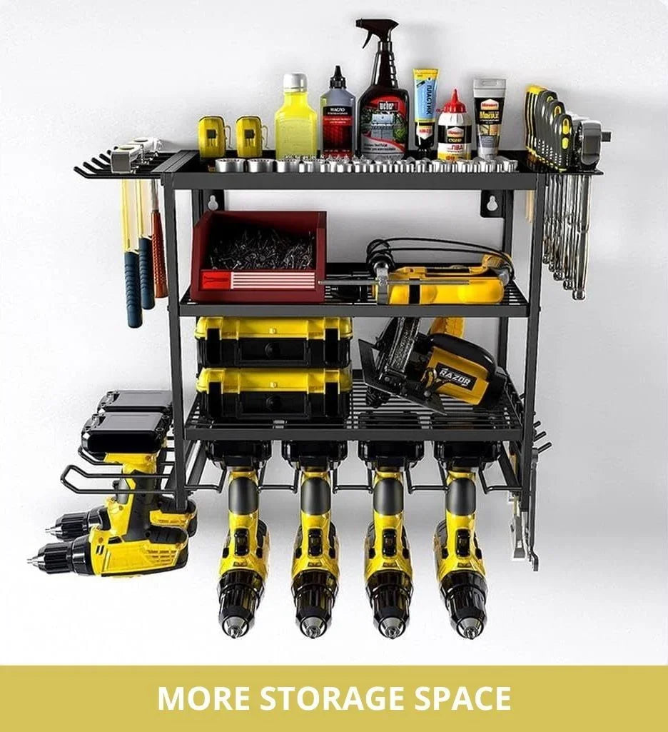 4-Tier Power Tool Rack Organizer Wall Mount with Drill Holder & Wrench Hooks for Cordless Tools & Workshop Organization