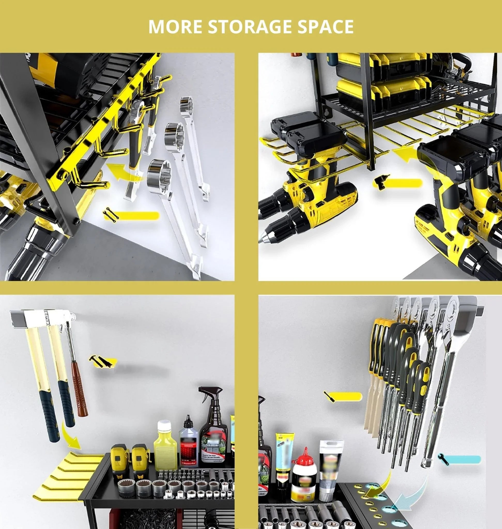 4-Tier Power Tool Rack Organizer Wall Mount with Drill Holder & Wrench Hooks for Cordless Tools & Workshop Organization