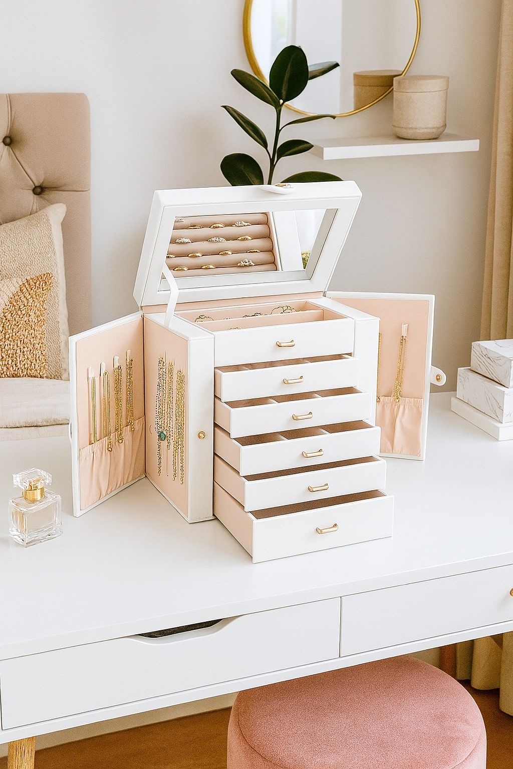 CARLA HOME 6-Layer Large Jewelry Box for Women withDrawers, Mirror, Lock, Necklace Hooks & Side Compartments for Rings, Earrings, Bracelets, Gifts (White)