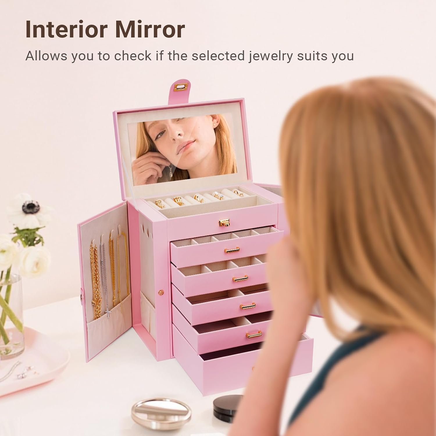 CARLA HOME 6-Layer Large Jewelry Box for Women withDrawers, Mirror, Lock, Necklace Hooks & Side Compartments for Rings, Earrings, Bracelets, Gifts (Pink)