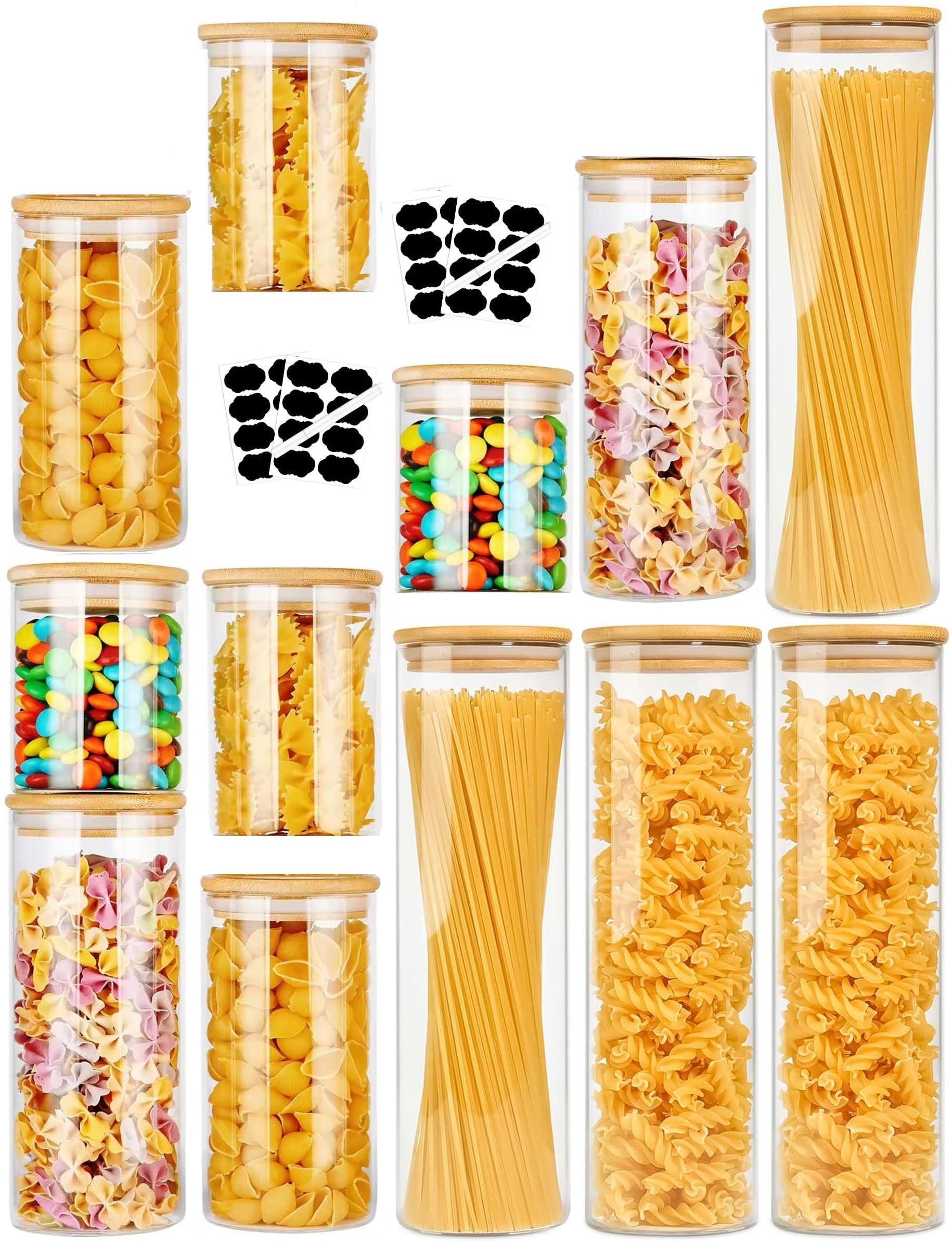 12 Pack Glass Storage Jars with Bamboo Lids for Kitchen Pantry, Pasta, Snacks, Cookies, Candy & More